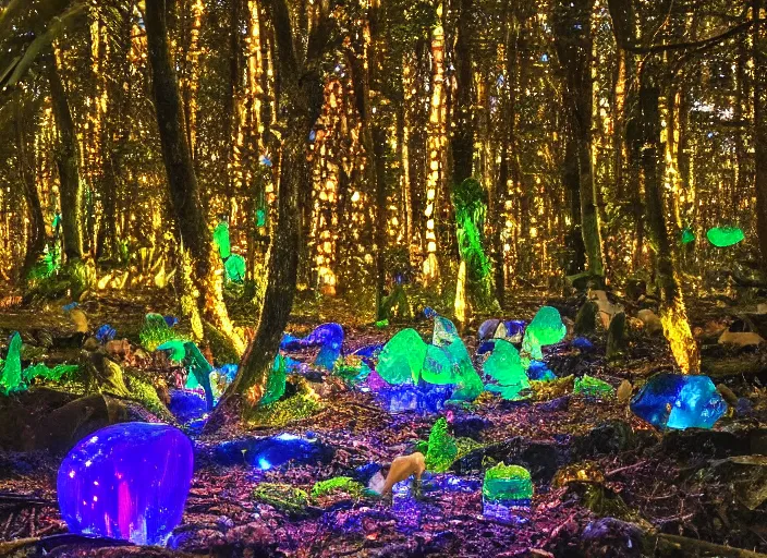 Image similar to a magical forest with crystal mushrooms that glow in the dusk,