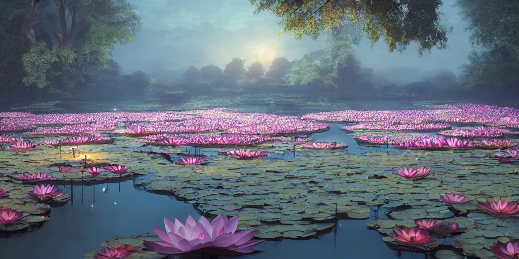 Prompt: dreamy pond full of lotus flowers at night, concept art, render by octane and blender, hyper realistic, cinematic lighting, unreal engin 5, by krenz cushart, 8 k, vray render, artstation, deviantart