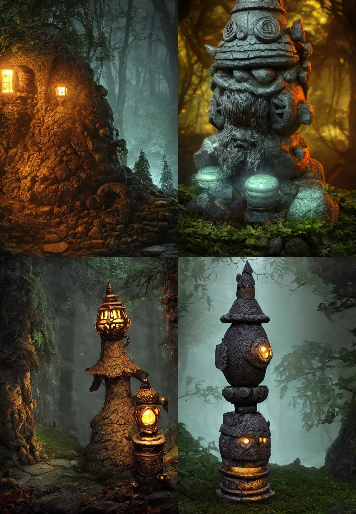 Prompt: carved stone dwarven lantern glowing in a fantasy forest at night, artstation hq, photorealistic, hiperrealistic, sharp focus, 4 k uhd, unreal engine 5, cinematic shot, cinematic lightning, dark tones, high contrast, intricate, masterpiece, brian froud