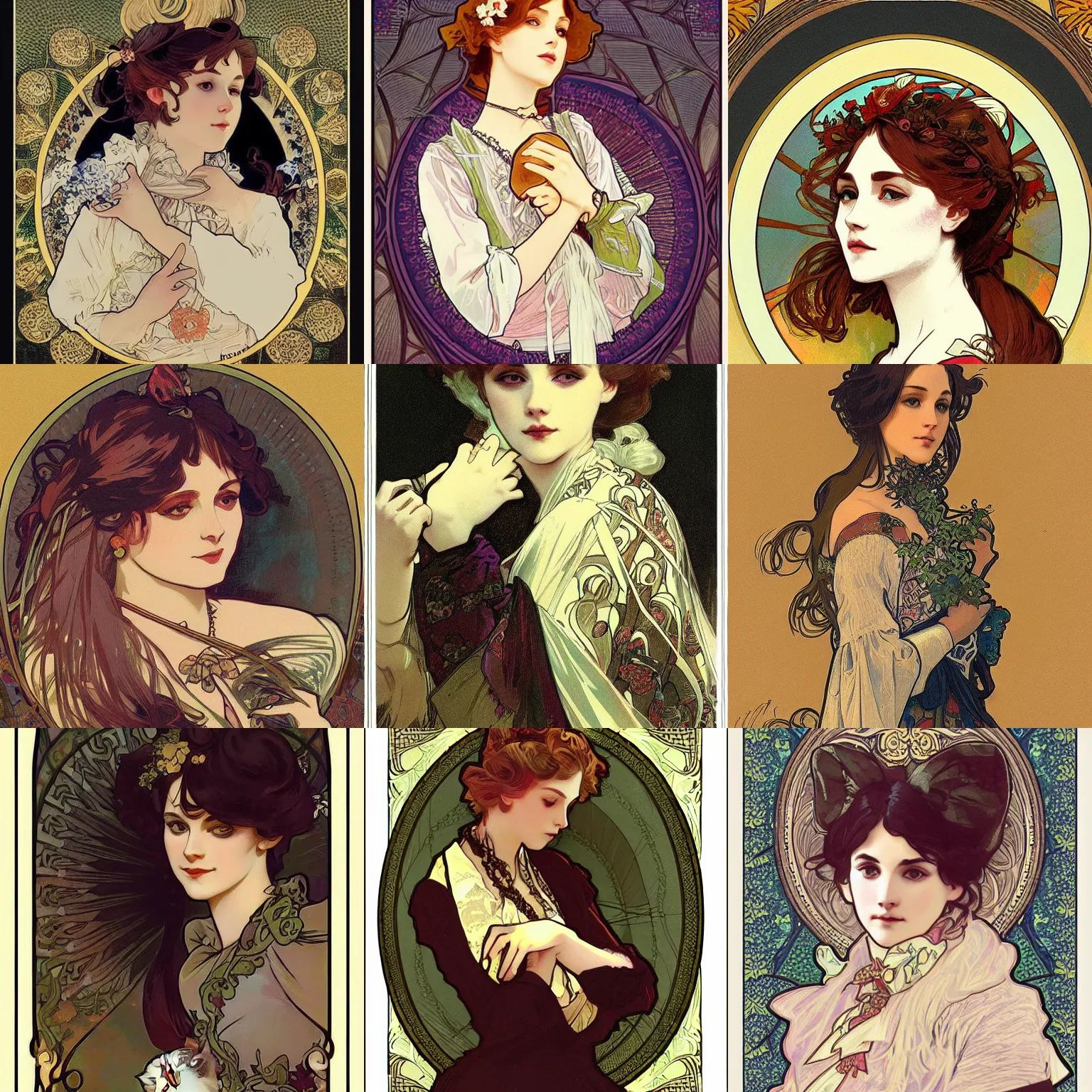 Prompt: cats portrait, victorian clothes, trending on Artstation, illustration by Alphonse Mucha, fine detailed, dramatic lighing