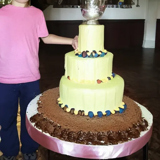 Prompt: miniature human standing next to a enormous cake