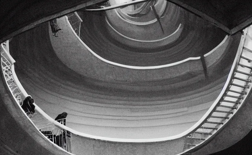 Prompt: zoomed out photo of frank ocean walking up a spiral staircase in the centre of the room, greyscale,