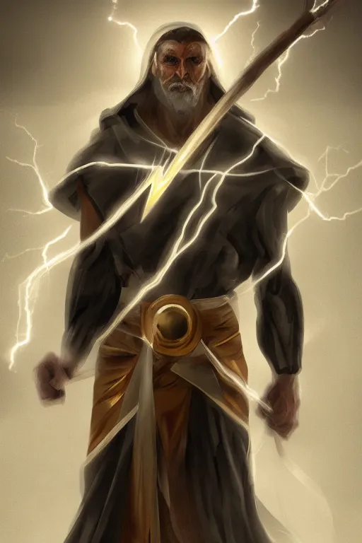 Image similar to thunder man, storm, lightning, spell, staff, white robe, hallway, artstation