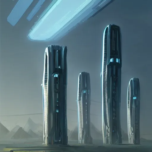 Prompt: tall futuristic buildings by Raphael Lacoste and Simon Stålenhag