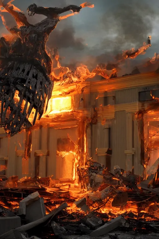 Image similar to techological leviathan attacking the burned out husk on home depot, cinematic lighting, global illumination radiating a glowing aura