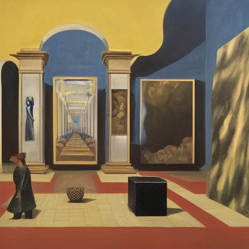 Image similar to oil painting, inside the museums, infinity goes up on trial, by paula rego, by de chirico, by magritte, by neo rauch