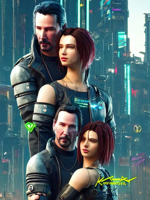 Image similar to a highly detailed photorealistic cyberpunk 2077 couple portrait of Keanu Reeves and female android,lots of electric cable behind,connected to giant computer,couple pose,love,fantasy, intricate, elegant,by Alex Horley and Greg Rutkowski,artstation,deviantart,FAN ART,Unreal Engine,Digital painting,face enhance,8K,golden ratio,cinematic lighting