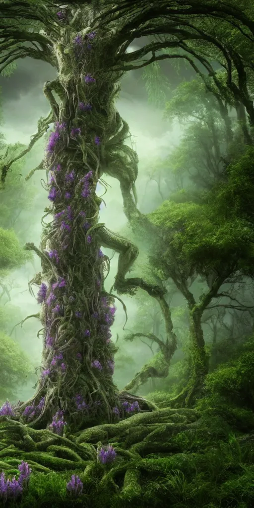 Prompt: extraordinarily tall mother nature with lavender hair, surrounded by a green forrest, moody , lovecraft, giger, ridley scott, zack snyder, Fenghua Zhong, realistic cinematic lighting, establishing action shot, ultra detailed, hyper realism, photo, octane render.