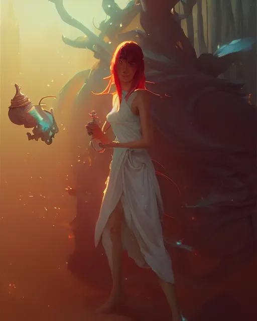 Image similar to highly detailed vfx portrait of a mage casting magic, correct anatomy and body proportions, unreal engine, greg rutkowski, loish, rhads, beeple, makoto shinkai and lois van baarle, ilya kuvshinov, rossdraws, tom bagshaw, alphonse mucha, global illumination, detailed and intricate environment