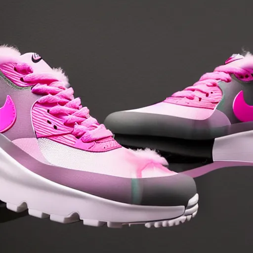 Image similar to nike air max shoe made of very fluffy pink faux fur placed on reflective surface, professional advertising, overhead lighting, heavy detail, realistic by nate vanhook, mark miner