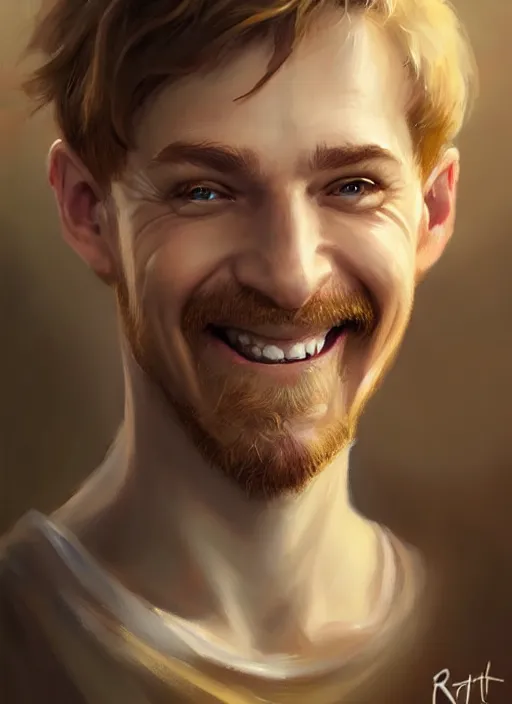 Image similar to a _ fantasy _ style _ portrait _ painting _ of white male short fringe light brown hair short face grinning, rpg dnd oil _ painting _ unreal _ 5 _ daz. _ rpg _ portrait _ extremely _ detailed _ artgerm _ greg _ rutkowski _ greg