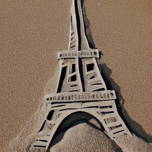 Prompt: photography of eiffel tower made of sand on the beach with the ocean in background