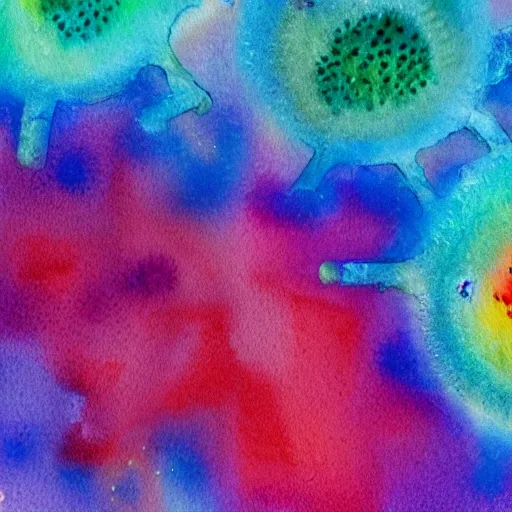 Prompt: antibodies and viruses floating through the air. watercolor. high resolution. highly realistic. cool tones. close - up