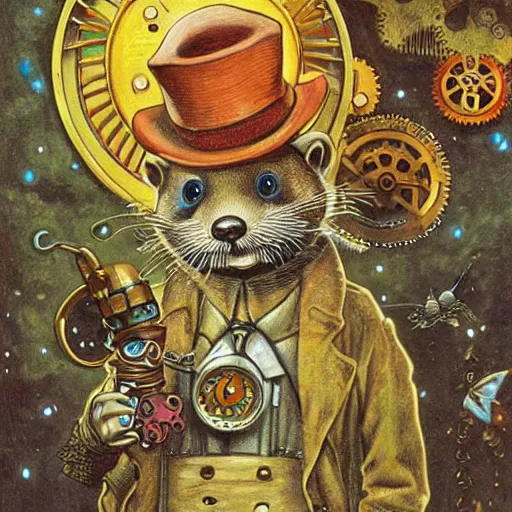 Prompt: a steampunk otter inventor, fantasy illustration, Louis William Wain