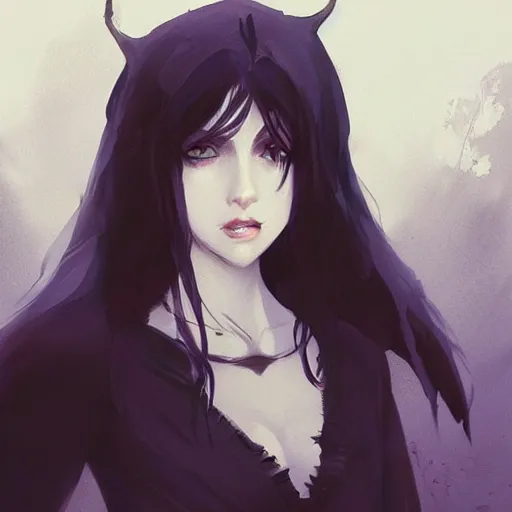 Image similar to female human vampire witch in the style of greg rutkowski, makoto shinkai, trending on artstation, character design, concept art, pretty face, highly detailed, long black hair, portrait, digital art