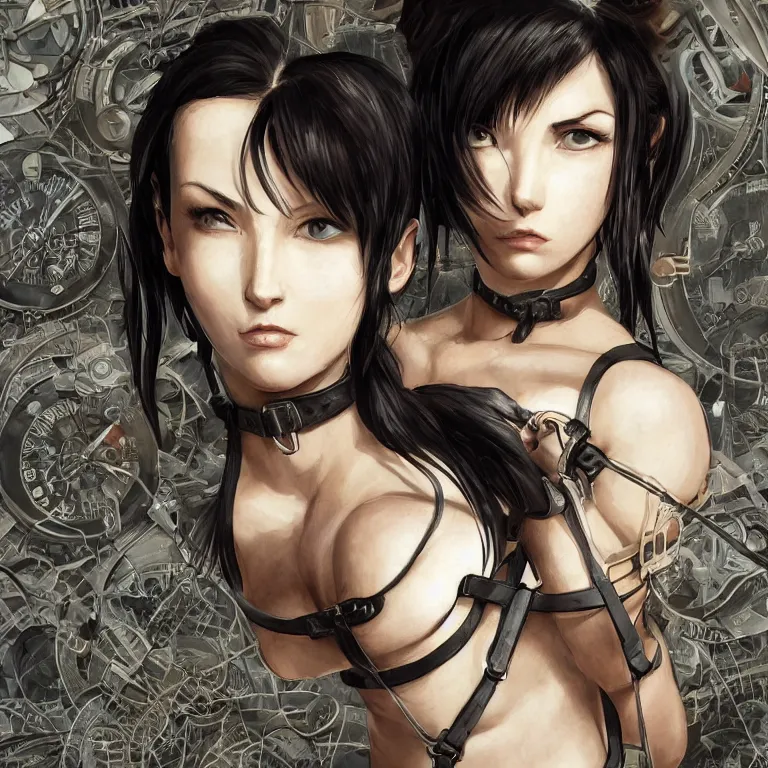 Image similar to bemused to be locked in a leather neck restraint, Tifa Lockhart in a full frame zoom up of her face and neck, looking upwards in a room of old ticking clocks, complex artistic color ink pen sketch illustration, full detail, gentle shadowing, fully immersive reflections and particle effects, concept art by Artgerm, art by Range Murata, art by Studio Ghibli