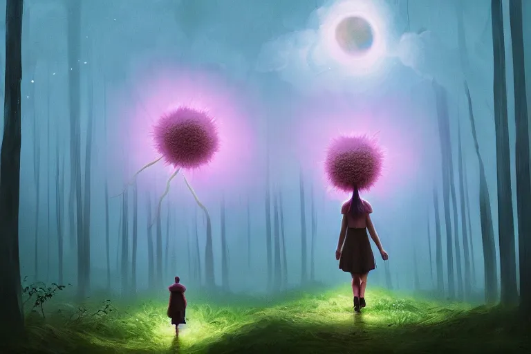 Image similar to giant daisy flower over head, girl walking in forest, surreal photography, dark night, stars, moon light, impressionist painting, clouds, digital painting, artstation, simon stalenhag