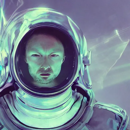 Image similar to futuristic thom yorke singer songwriter in a spacehelmet filling up with water, waterline refractions, video art, anamorphic lens flare, datamosh, beautiful blueish eyes, eyes reflecting into eyes reflecting into infinity, spherical black pupils, eyes reflecting into eyes reflecting into infinity, dramatic lighting