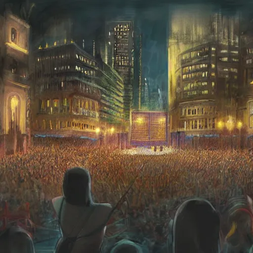 Prompt: concept art of a giant concert in a city at night