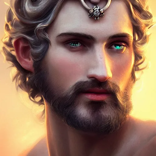 Prompt: portrait of a radiant greek mythology god, jewelry, crown, confident, handsome, dramatic lighting, detailed, very realistic, trending on Artstation, Cgsociety