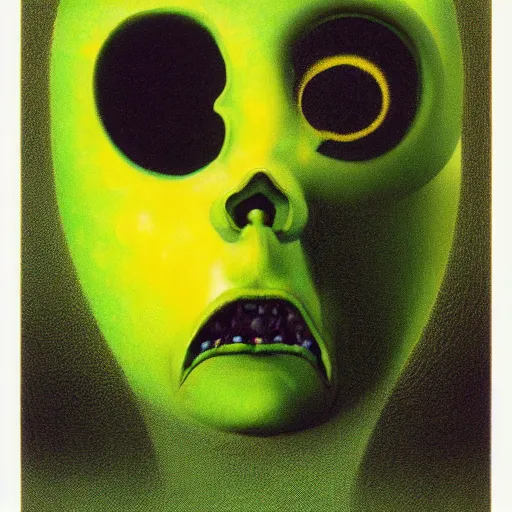 Image similar to Swiss Cheese Face, dark fantasy, green and yellow, artstation, painted by Zdzisław Beksiński and Wayne Barlowe
