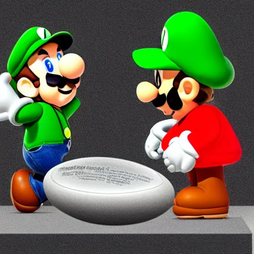 Prompt: luigi presenting mario an egg made of stone, nintendo