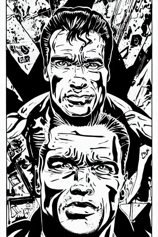 Image similar to arnold schwarzenegger, a page from cyberpunk 2 0 2 0, style of paolo parente, style of mike jackson, adam smasher, johnny silverhand, 1 9 9 0 s comic book style, white background, ink drawing, black and white, colouring pages