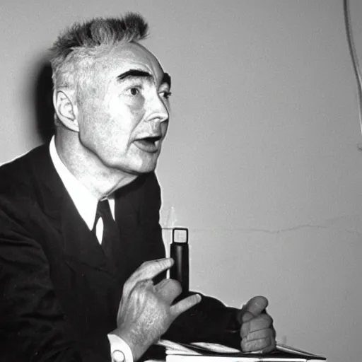 Prompt: color photo of robert oppenheimer debating with teletubbies