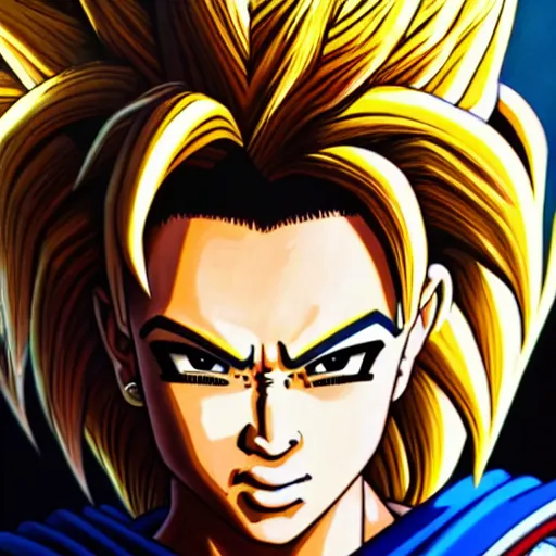 Image similar to ultra realistic portrait painting of kim kardashian as super saiyan, art by akira toriyama, 4 k, dragon ball artstyle, cel shaded, highly detailed, epic lighting