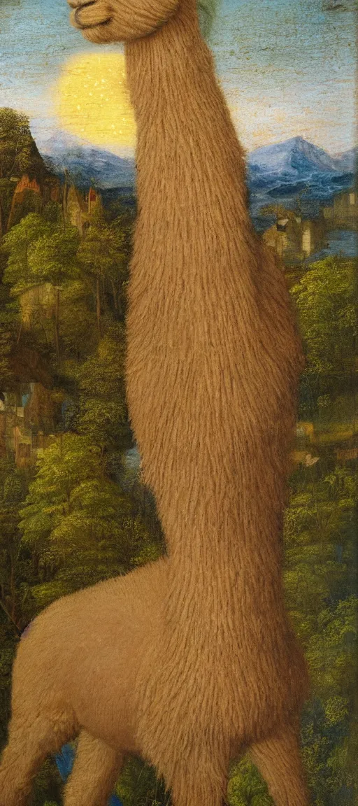 Image similar to detailed renaissance oil painting of an alpaca standing on a building standing in the forest of pastel feathers lit by small fireflies at night