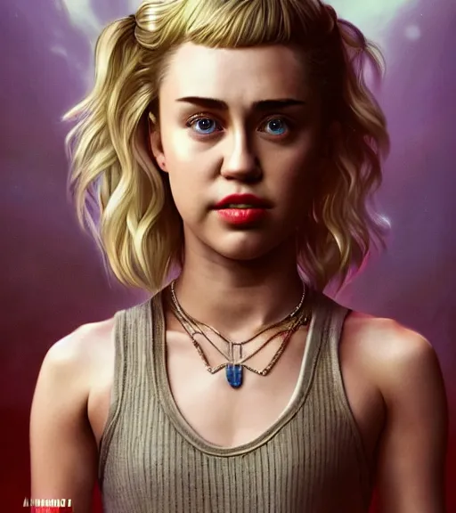 Image similar to still of miley cyrus with long blonde hair in an episode of stranger things, intricate, elegant, highly detailed, digital painting, artstation, concept art, smooth, sharp focus, illustration, art by artgerm and greg rutkowski and alphonse mucha