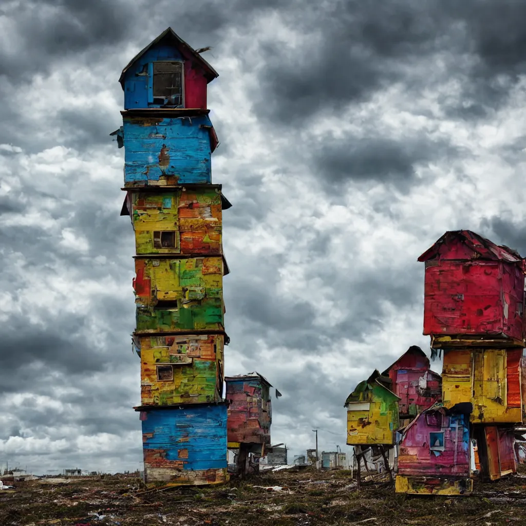 Image similar to close - up towers made up of colourful makeshift squatter shacks, bleached colours, dramatic cloudy sky, dystopia, mamiya, very detailed, ultra sharp, photographed by john chiara