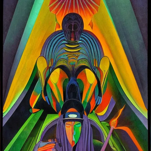 Image similar to the shaman of the subway, an art deco painting by leo and diane dillon and diego rivera, dramatic lighting, god rays, smooth, sharp focus, highly detailed