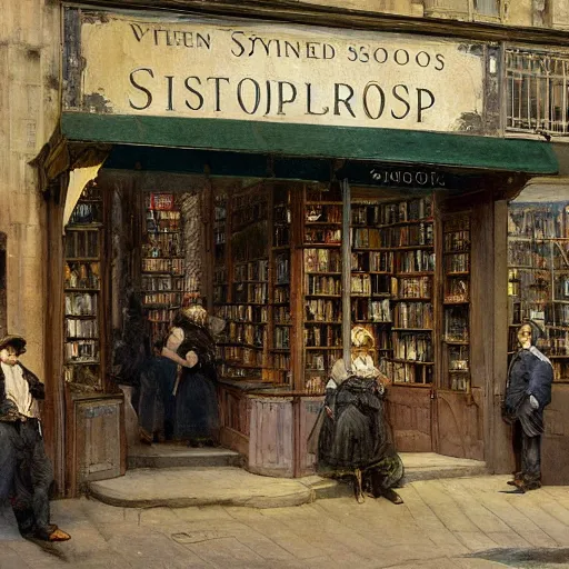 Image similar to jean-Baptiste Monge and Solomon Joseph Solomon and Richard Schmid and Jeremy Lipking victorian genre painting painting of an english 19th century english bookshop store front on a stone city streat with shops and stores