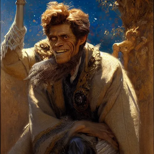 Image similar to willem dafoe as a wizard, highly detailed painting by gaston bussiere, craig mullins, j. c. leyendecker, 8 k