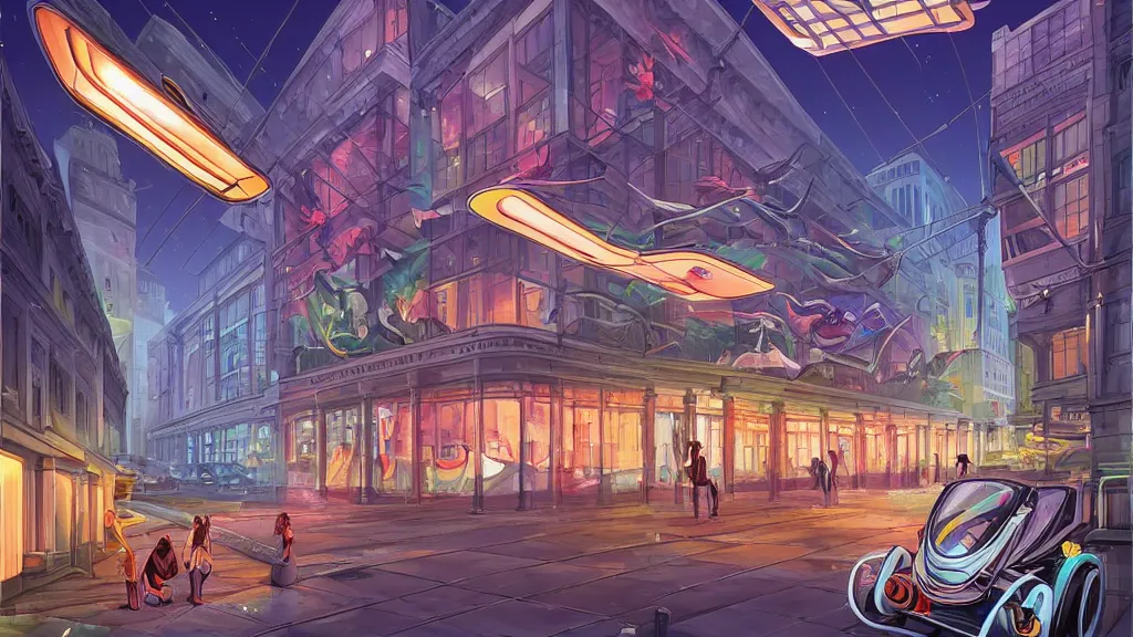 Prompt: street view of the national museum in the city at night by cyril rolando and naomi okubo and dan mumford and zaha hadid. flying cars. advertisements. neon. tram.