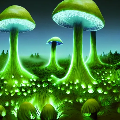 Image similar to giant mushroom forest, glowing green and blue, glowing eyes, tendrils