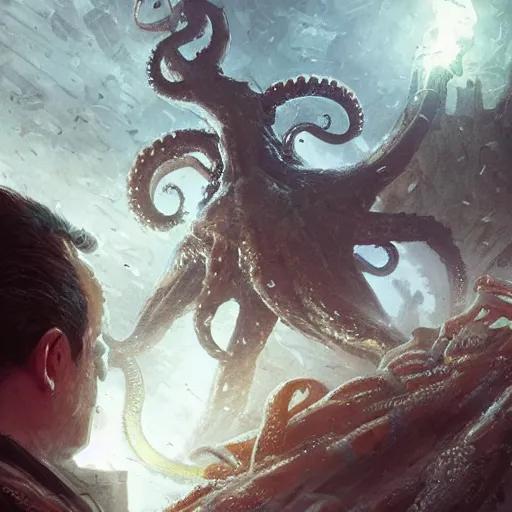 Image similar to ted cruz as a hideous octopus monster, destroys a city, greg rutkowski