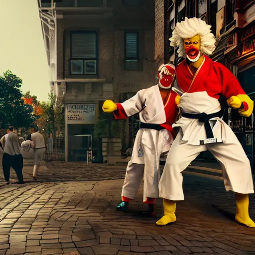 Image similar to ronald macdonald fights, colonel sanders, hyper real, 8 k, octane render, vivid, bright, photo realistic, martial arts, city street