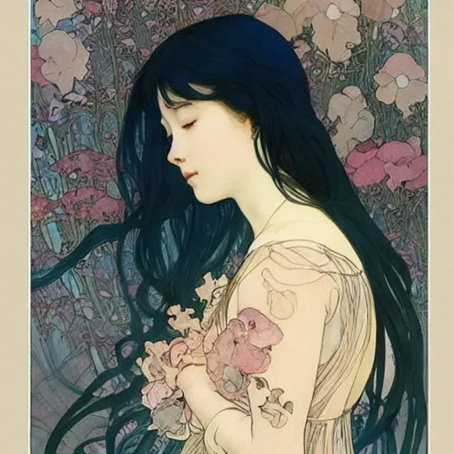 Prompt: a beautiful intricate watercolor illustration of a sleeping cute girl, 4 k, ultra - wide angle, by william turner, by victo ngai, by alphonse mucha, by miho hirano, by ellen jewett, hd, trending on artstation, hyper detailed, muted colors