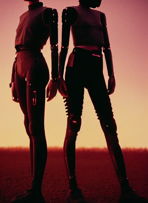 Image similar to cinestill 5 0 d photographic portrait of two loving female androids wearing rugged black mesh cutout waist techwear on a desolate plain with a red sky, extreme closeup, modern cyberpunk, dust storm, 8 k, hd, high resolution, 3 5 mm, f / 3 2, ultra realistic faces, ex machina, blade runner