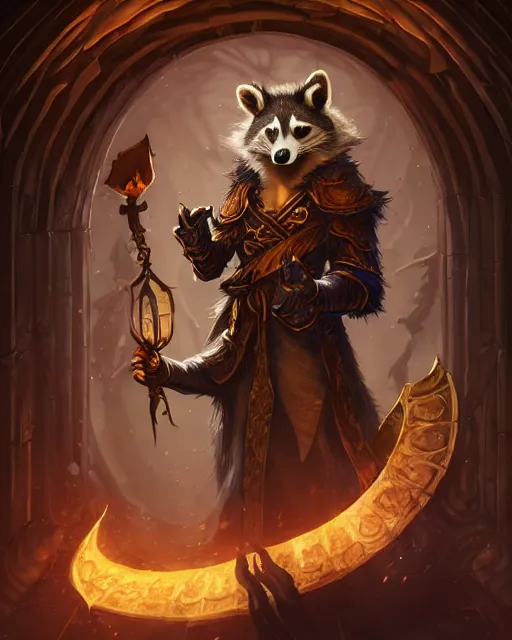 Image similar to anthropomorphic royal warlock raccoon casting a spell in a dungeon, dark souls, d & d, fantasy, intricate, action pose, elegant, highly detailed, digital painting, artstation, concept art, matte, sharp focus, volumetric lighting, illustration, hearthstone, art by artgerm, wlop, greg rutkowski and alphonse mucha