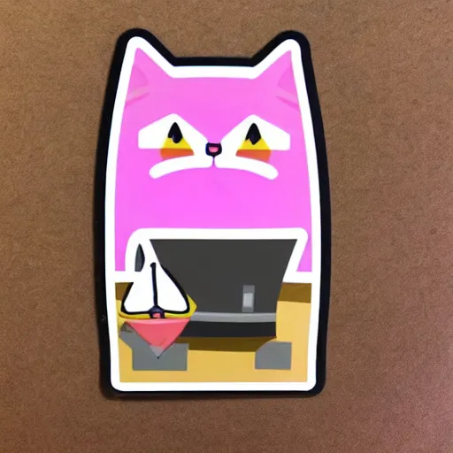 Prompt: sticker of a pink square-bodied cat with thick sharpee eyebrows and a grumpy expression on its face sitting inside a rocket ship