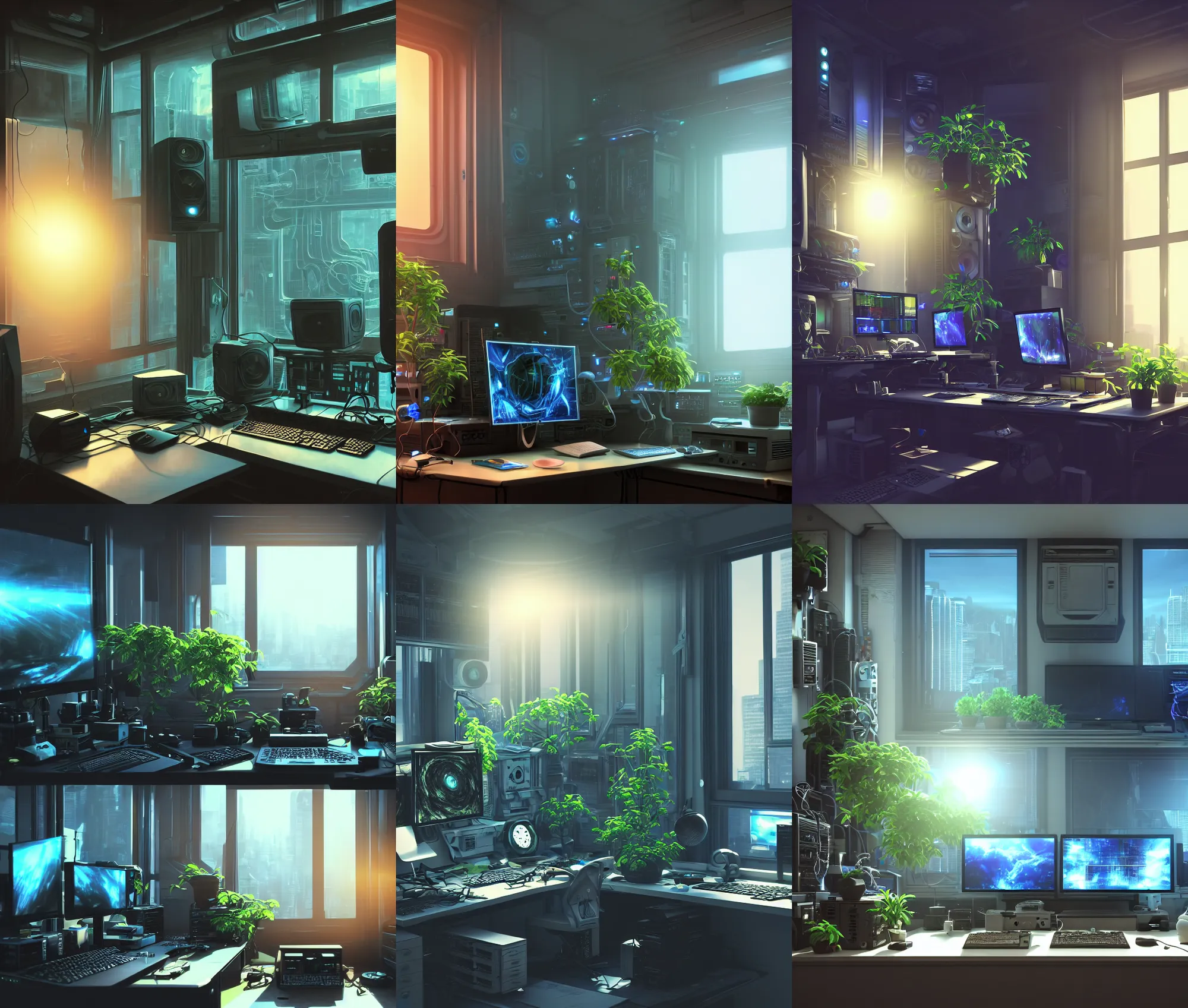 Prompt: detailed scifi artstation scene of a complex computer workstation in a small studio apartment room, a potted plant, many monitors, many electronics, a window view, maximalism, ambient occlusion, volumetric light, sunny amber morning light, sun beam, atmospheric haze, unreal engine, hyperrealism, realistic shading, blender render, photorealistic, wide shot
