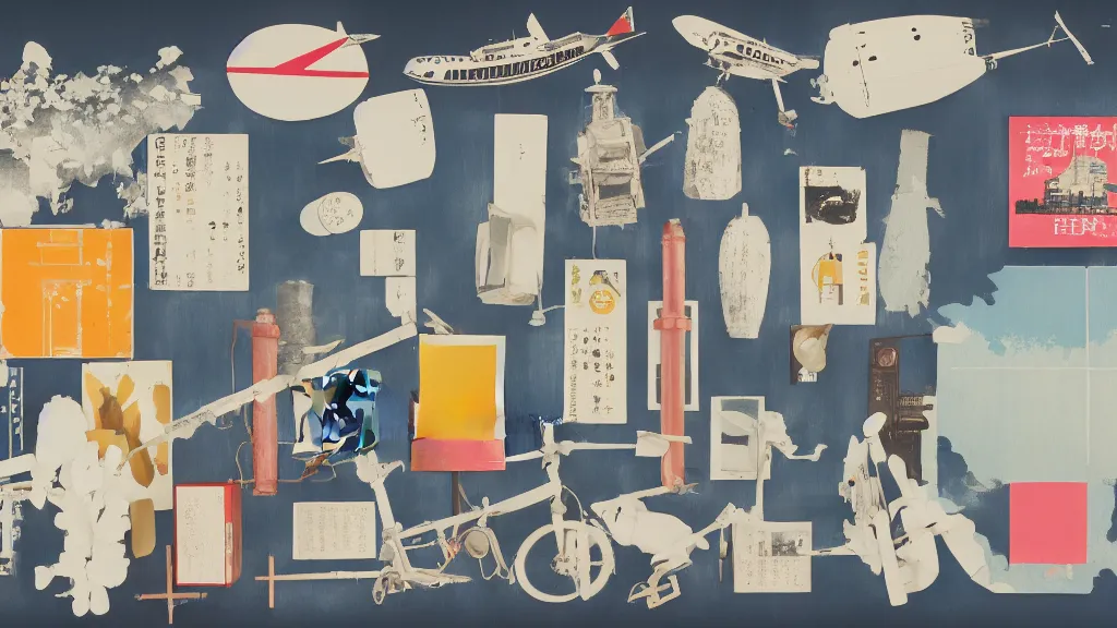 Prompt: an arrangement of explorer traveller props, kyushu japan, a collage painting, in the style of wes anderson, lola dupre, david hockney, isolated on negative white space background dark monochrome neon spraypaint accents volumetric octane render