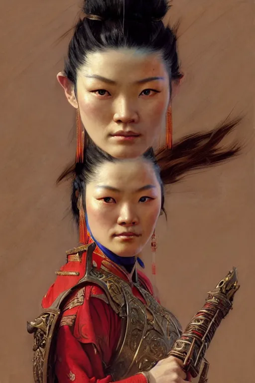 Prompt: full character of a ancient chinese female warrior with big double eyelid eyes, character design, painting by gaston bussiere, katsuya terada, nc wyeth, greg rutkowski, craig mullins, vermeer, frank frazetta, mucha, trending on artstation, jeffery catherine jones