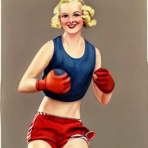 Prompt: a 1 9 3 0 s portrait. happy, healthy, beautiful, smiling, young, sporty, blonde woman in decent athletic wear. hyper - realistic detailed color drawing