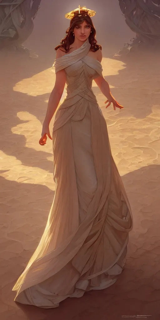 Prompt: mayors beautiful daughter, elegant dress, sand, intricate, highly detailed, digital painting, artstation, concept art, smooth, sharp focus, illustration, Unreal Engine 5, 8K, art by artgerm and greg rutkowski and alphonse mucha, by Jesper Ejsing