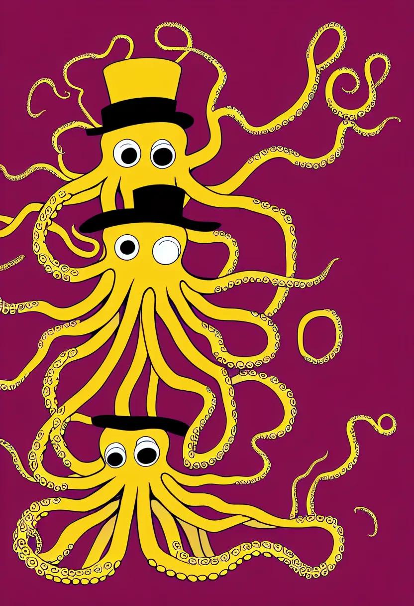 Image similar to concert poster for the band 'GrandpaFinger', symmetrical octopus wearing a top hat, vector art, 8k, highly detailed illustration