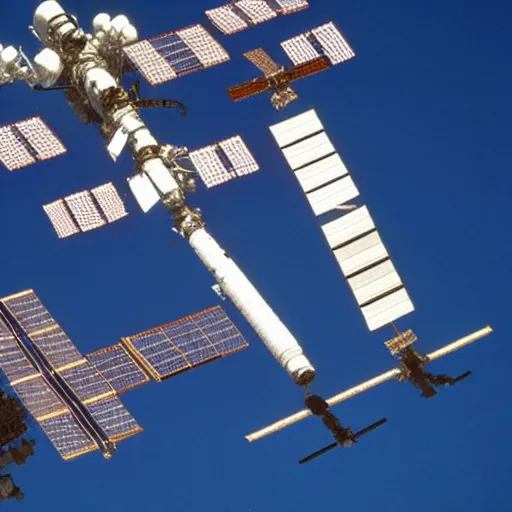 Image similar to close up focus shot of international space station ( iss ) with russian mir and salyut attached, spaceshuttle is ready for docking, apollo saturn v flying by